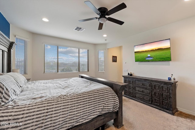 bedroom with carpet flooring, recessed lighting, a ceiling fan, and visible vents
