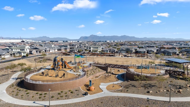 bird's eye view featuring a residential view and a mountain view