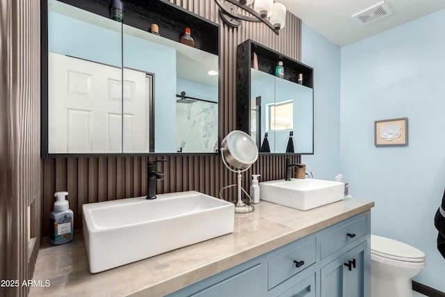 bathroom with vanity, a shower, and toilet