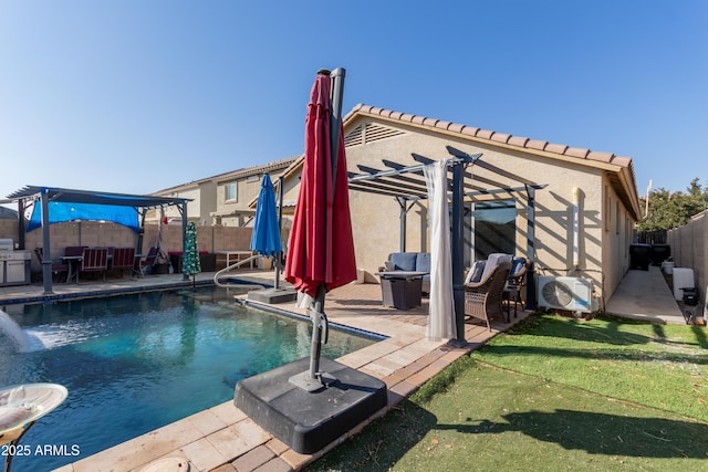 view of swimming pool featuring a pergola, a patio area, ac unit, and a lawn