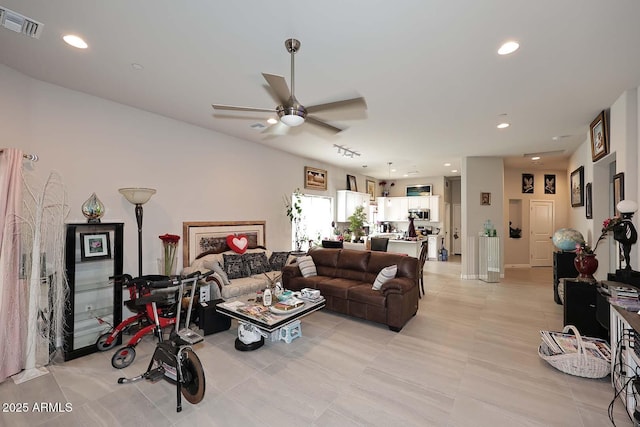 16705 E Almont Dr Unit A, Fountain Hills, AZ 85268 - living area featuring visible vents, a ceiling fan, light tile patterned flooring, and recessed lighting