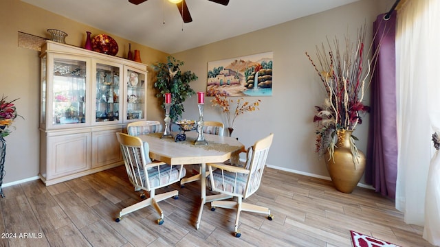 dining room with light hardwood / wood-style floors and ceiling fan