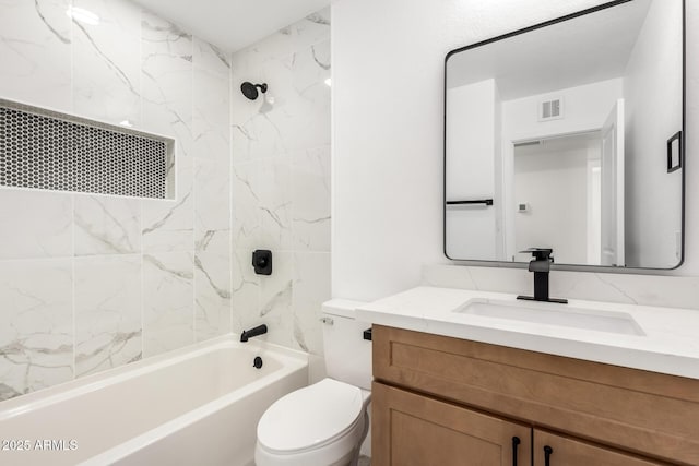 bathroom with toilet, shower / bathtub combination, visible vents, and vanity