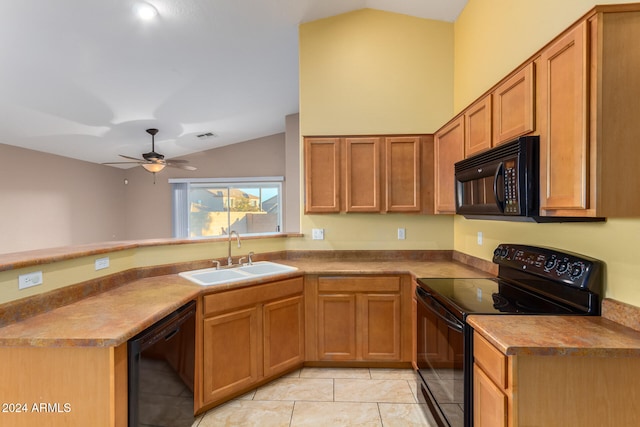 kitchen with lofted ceiling, black appliances, sink, light tile patterned floors, and ceiling fan