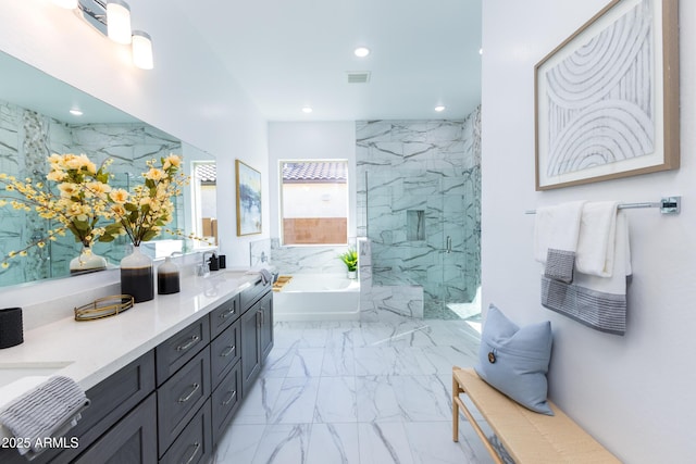 full bath with double vanity, a marble finish shower, a bath, visible vents, and marble finish floor