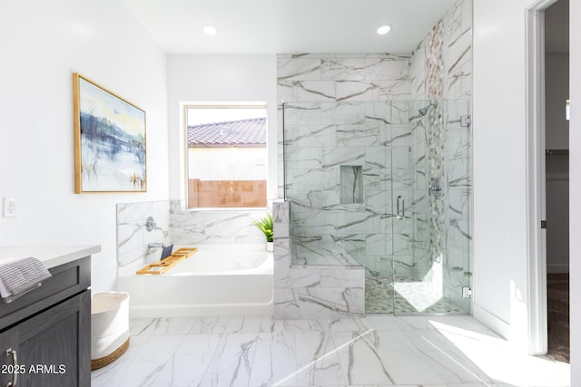full bathroom with vanity, recessed lighting, a marble finish shower, a bath, and marble finish floor