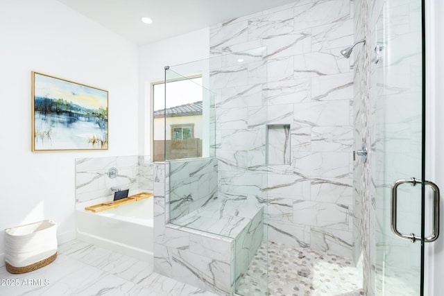 full bath with a bath, a stall shower, and marble finish floor