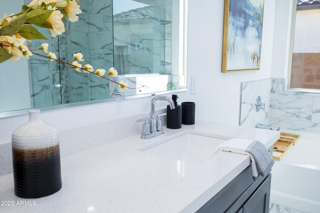 full bathroom with a bathing tub and vanity