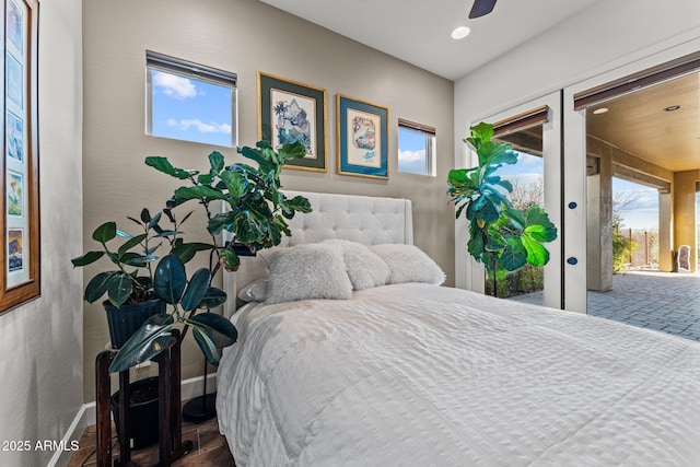 bedroom featuring recessed lighting, baseboards, access to exterior, and a ceiling fan