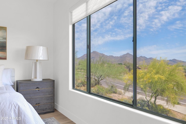 bedroom featuring baseboards, a mountain view, and wood finished floors