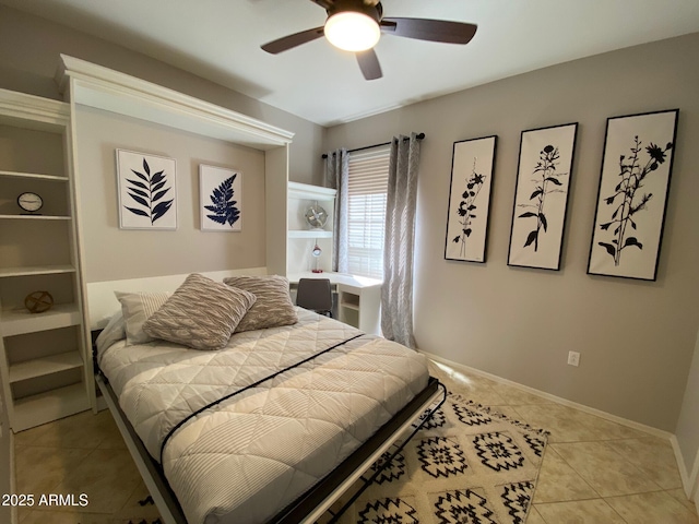 bedroom with light tile patterned flooring, baseboards, and a ceiling fan