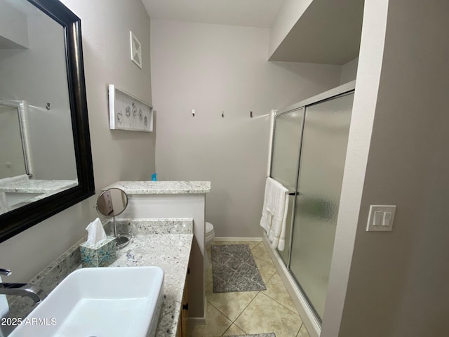 full bathroom featuring a stall shower, tile patterned flooring, toilet, and vanity