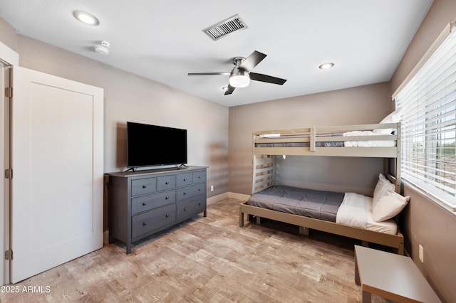 23211 N 22nd Pl, Phoenix, AZ 85024 - bedroom featuring a ceiling fan, light wood-style flooring, baseboards, visible vents, and recessed lighting