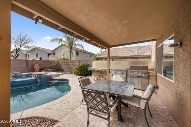 23211 N 22nd Pl, Phoenix, AZ 85024 - view of swimming pool featuring area for grilling, a fenced backyard, outdoor dining space, a grill, and a patio area