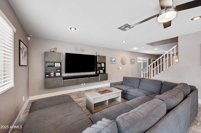 23211 N 22nd Pl, Phoenix, AZ 85024 - living room with stairway, wood finished floors, baseboards, ceiling fan, and recessed lighting
