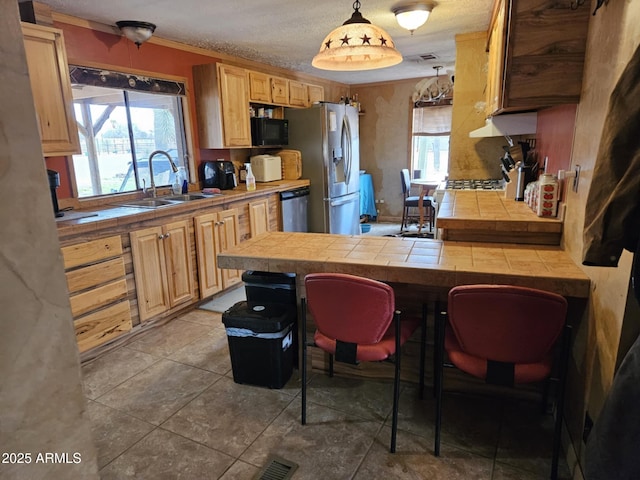 kitchen featuring a sink, stainless steel appliances, a healthy amount of sunlight, and tile counters