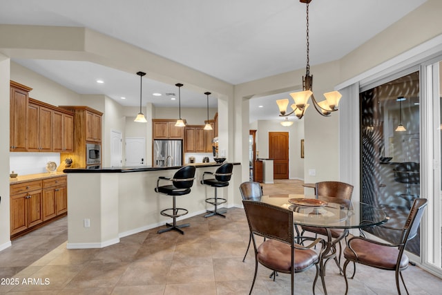 dining room featuring baseboards, recessed lighting, light tile patterned flooring, and a notable chandelier