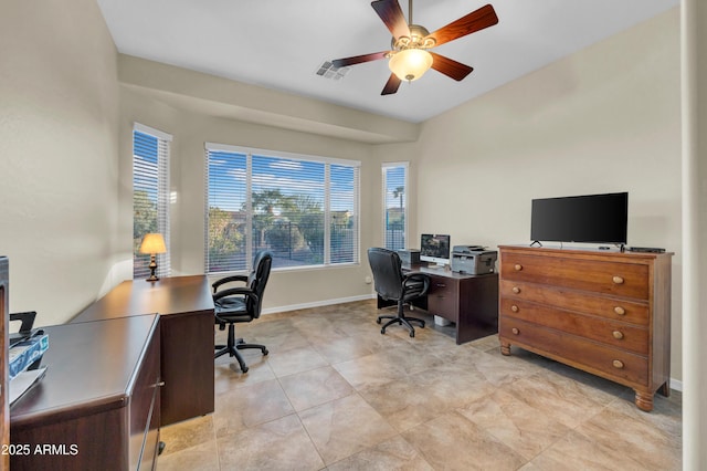 office with visible vents, ceiling fan, and baseboards