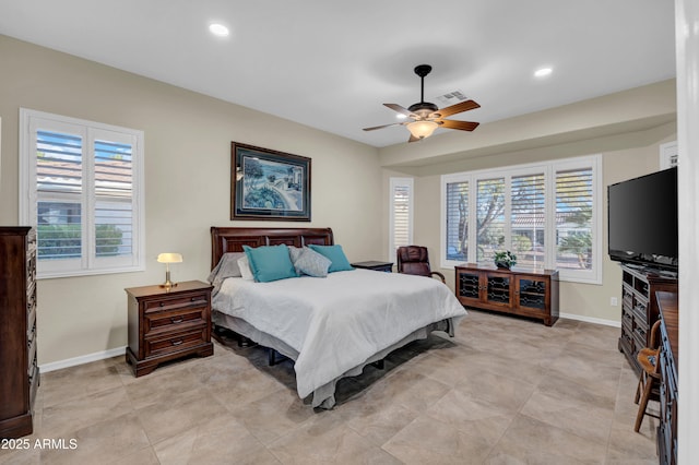 bedroom with recessed lighting, visible vents, ceiling fan, and baseboards