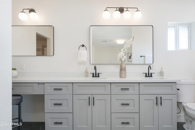 bathroom with vanity, toilet, and tile patterned floors