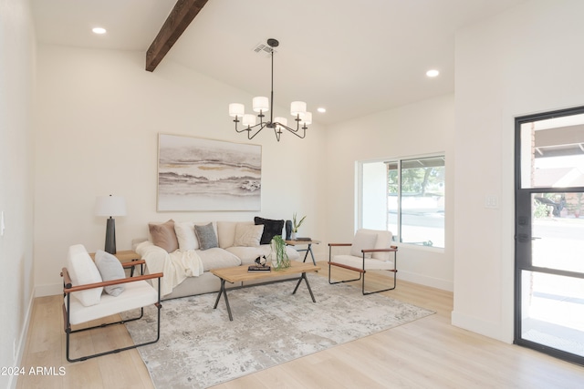 living room with light wood-type flooring, a chandelier, and lofted ceiling with beams