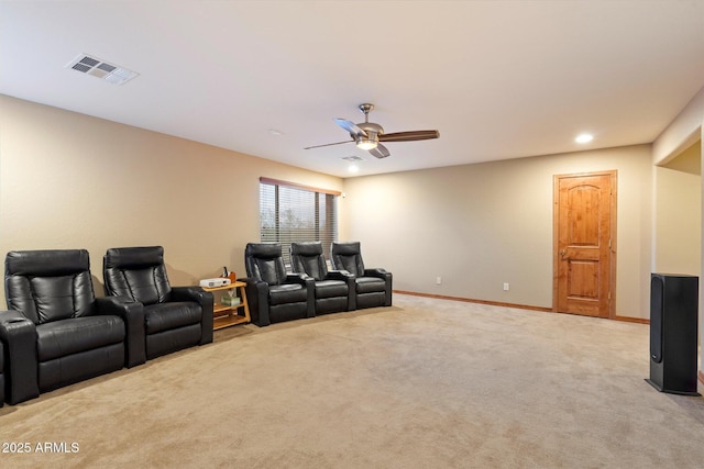 cinema with recessed lighting, baseboards, ceiling fan, visible vents, and light carpet