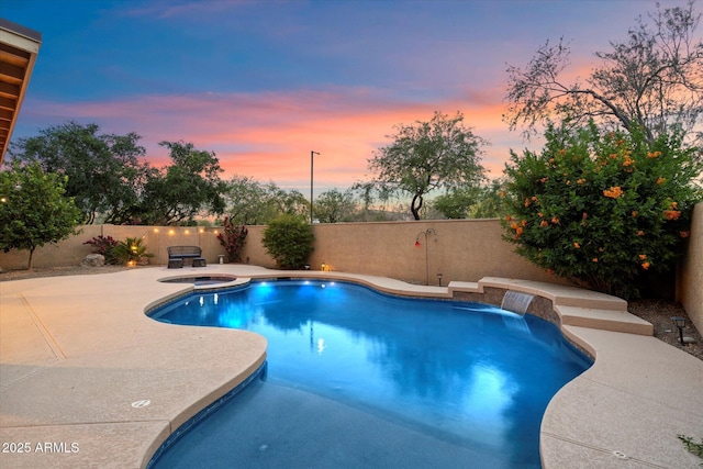 view of swimming pool featuring a patio, an in ground hot tub, a fenced in pool, and a fenced backyard