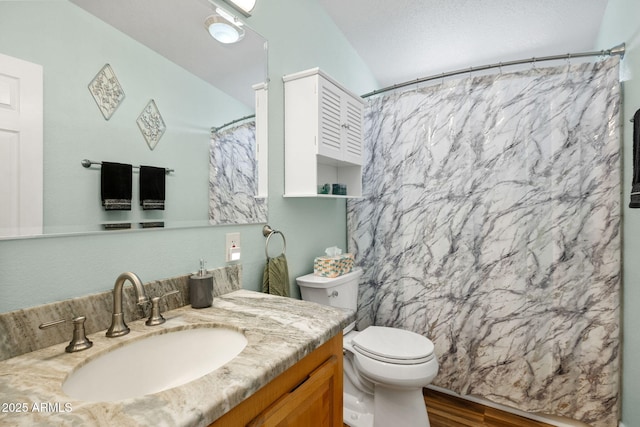 490 S Hideaway Dr, Dewey, AZ 86327 - bathroom with wood finished floors, vanity, toilet, and a shower with shower curtain