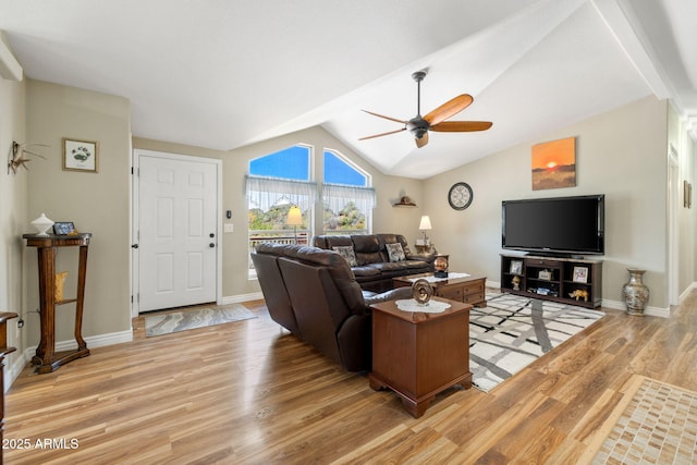 490 S Hideaway Dr, Dewey, AZ 86327 - living room with ceiling fan, light wood-style floors, vaulted ceiling, and baseboards