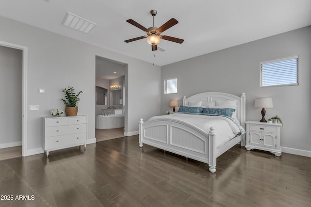11934 S 181st Ave, Goodyear, AZ 85338 - bedroom featuring ensuite bath, a ceiling fan, visible vents, wood finished floors, and baseboards