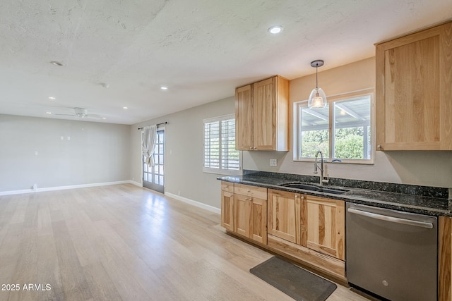 3138 N 82nd Pl, Scottsdale, AZ 85251 - kitchen with baseboards, light brown cabinets, light wood-style floors, stainless steel dishwasher, and a sink