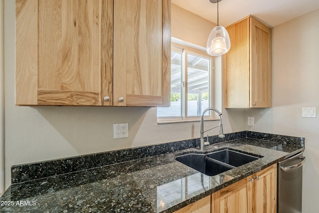 3138 N 82nd Pl, Scottsdale, AZ 85251 - kitchen featuring dark stone countertops, decorative light fixtures, light brown cabinets, a sink, and stainless steel dishwasher