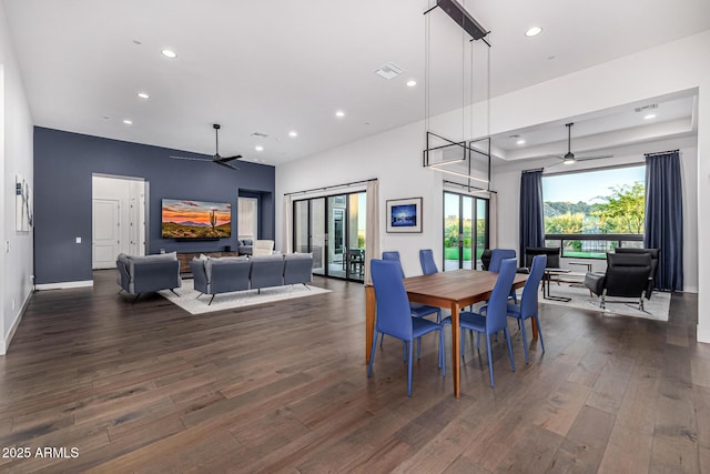 dining space featuring dark wood-type flooring, recessed lighting, visible vents, and a ceiling fan