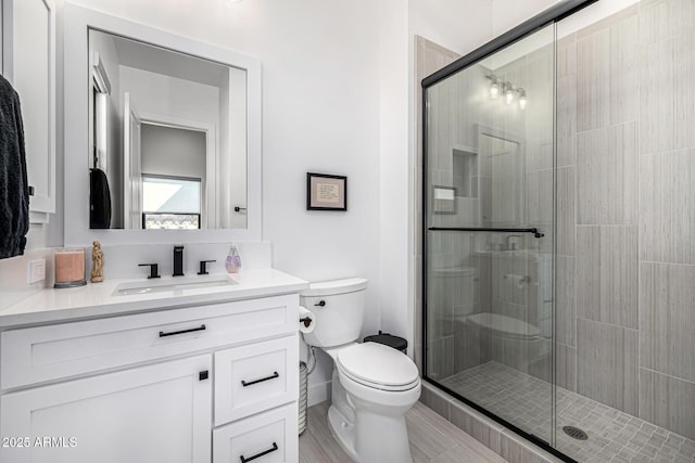 bathroom with toilet, a shower stall, and vanity