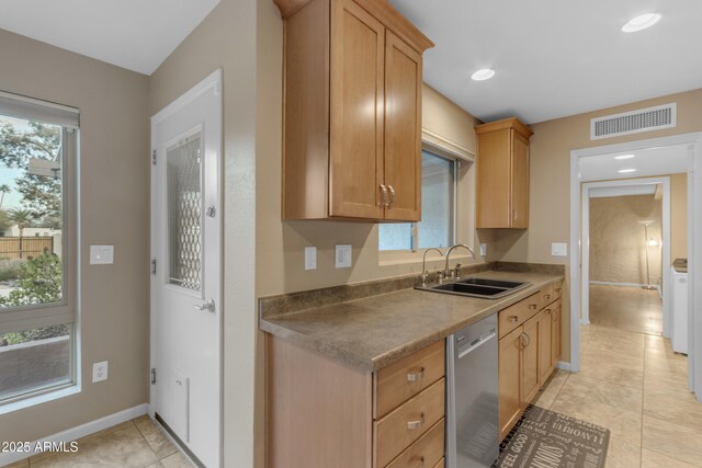 kitchen with sink, stainless steel dishwasher, and light tile patterned floors