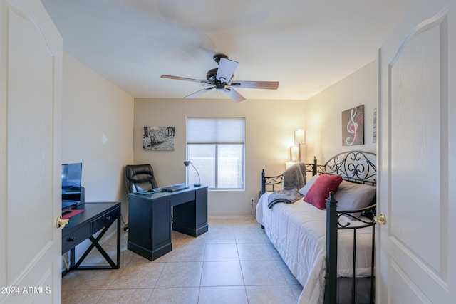 bedroom with light tile patterned floors and ceiling fan