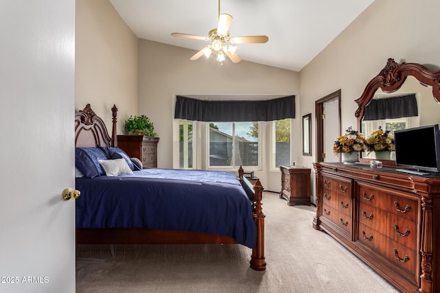 bedroom with light carpet, vaulted ceiling, and ceiling fan