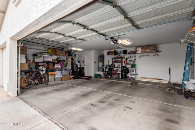 garage featuring a garage door opener and water heater