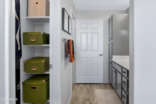 bathroom featuring hardwood / wood-style flooring and vanity