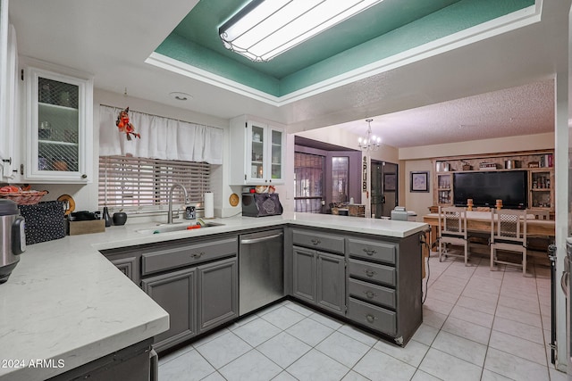 kitchen featuring kitchen peninsula, stainless steel dishwasher, gray cabinetry, sink, and white cabinets