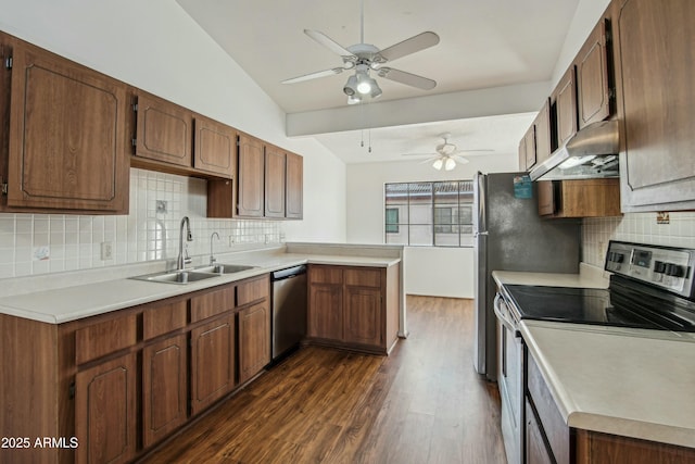 kitchen with sink, vaulted ceiling, dark hardwood / wood-style flooring, stainless steel appliances, and backsplash