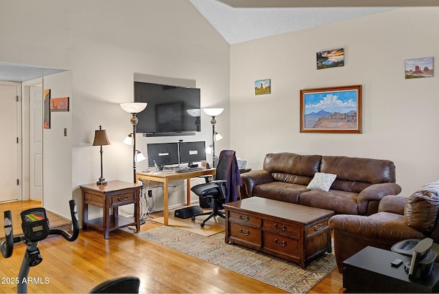 living room featuring light hardwood / wood-style flooring and vaulted ceiling