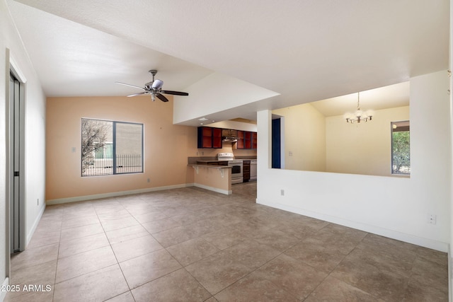 unfurnished living room featuring vaulted ceiling, ceiling fan with notable chandelier, and light tile patterned floors