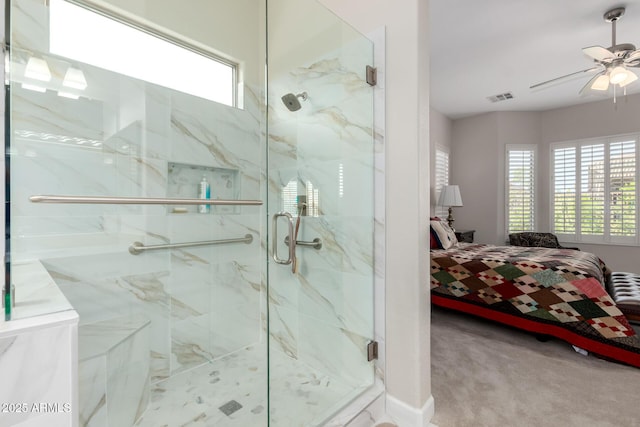 bathroom featuring a marble finish shower, visible vents, a healthy amount of sunlight, and ensuite bath