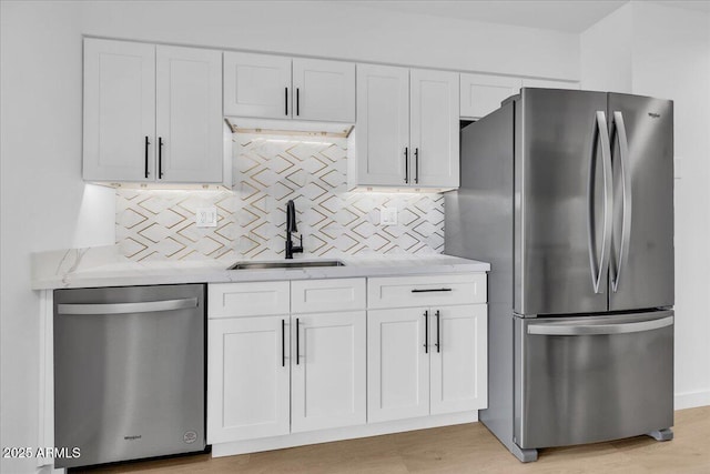 kitchen featuring backsplash, appliances with stainless steel finishes, white cabinets, and a sink