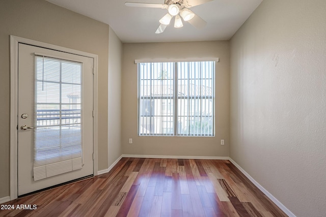 entryway featuring ceiling fan and wood-type flooring