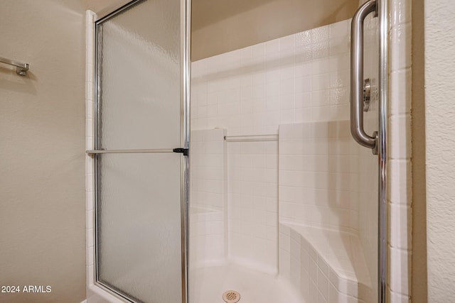 bathroom featuring a shower with shower door