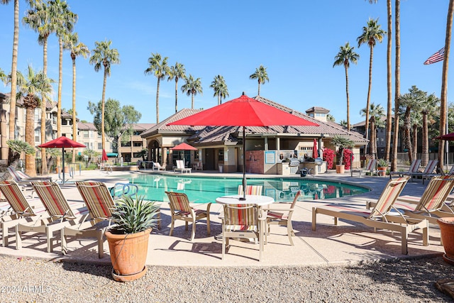 view of swimming pool featuring a patio area