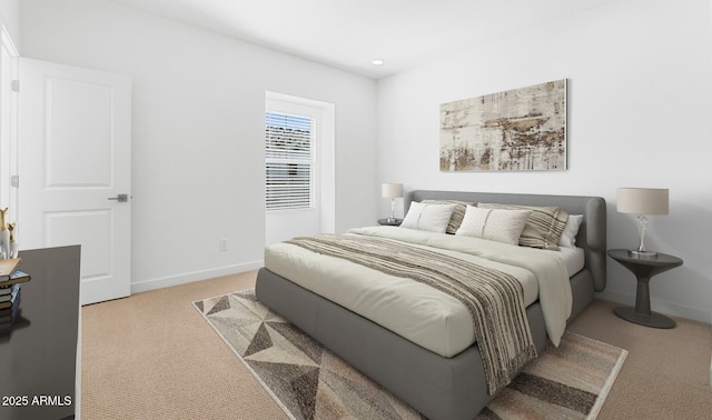 bedroom featuring recessed lighting, light colored carpet, and baseboards