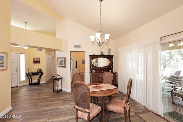 9235 N 101st St, Scottsdale, AZ 85258 - dining room with wood finished floors, a chandelier, and high vaulted ceiling